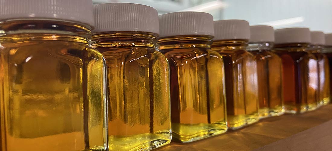 Photo of maple syrup bottles with white caps