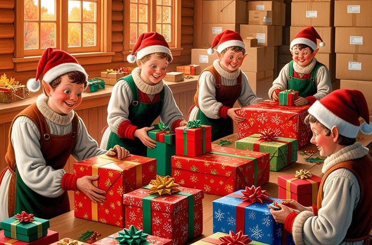 AI image of Santa's elves wrapping gifts
